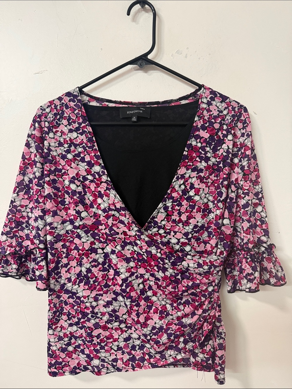 Jones Wear Pink and Purple Floral Wrap Blouse